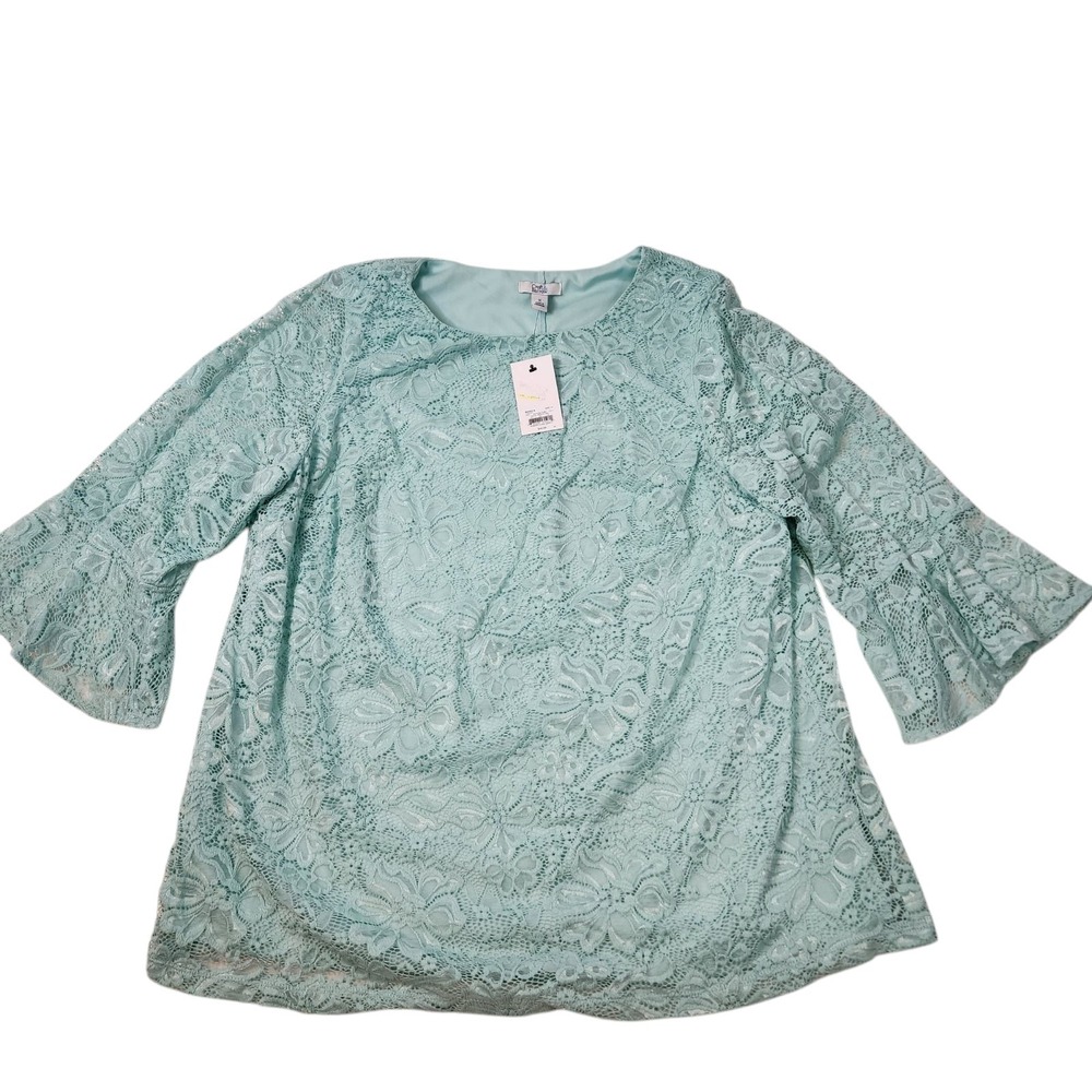 Croft & Barrow Blouse Womens 1X Turquoise Floral Lace Bell Sleeve WC01K710PS